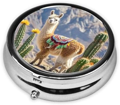 Portable 3-Compartment Pill Box â€“ Round Daily Medicine Organizer for Pocket or Purse, Llama Cactus Ideal for Morning, Noon & Evening Doses