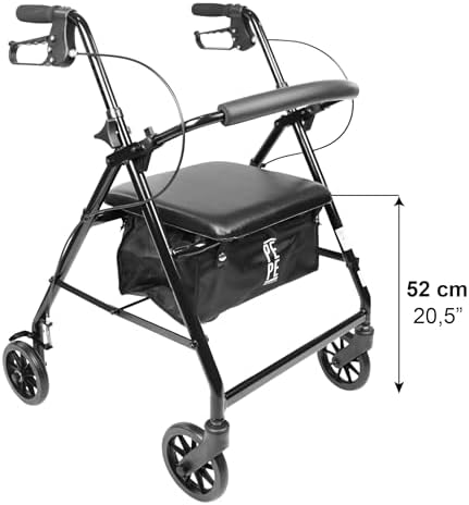 PEPE Mobility 4 Wheel Rollator Walker with Seat, Aluminum Rolling Walker, Height Adjustable, Folding System and Backrest with Brakes, 300 Pound Weight Capacity, Black