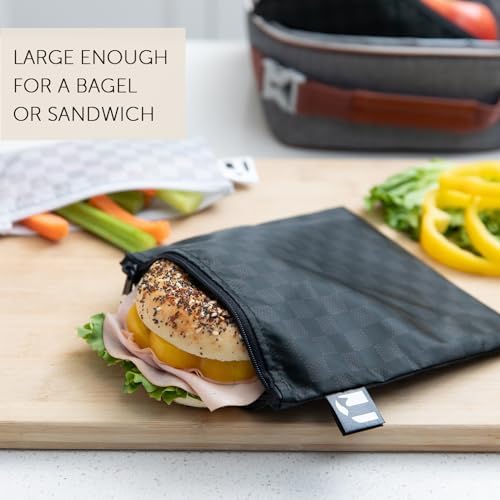 Bumkins Roamio Reusable Sandwich and Snack Bags, for Kids School Lunch and for Adults Portion, Washable Fabric, Waterproof Cloth Travel Pouch, Food-Safe Storage, Large 2-pk Black Check and Off White