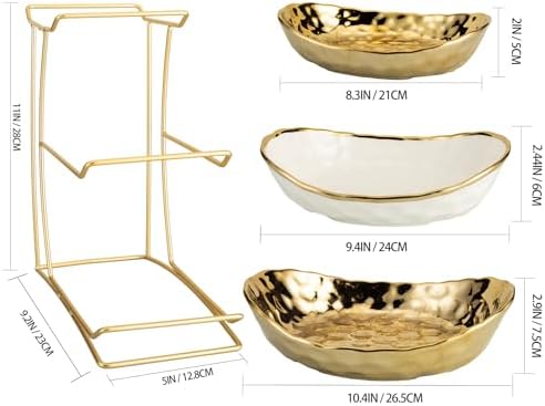 YYW 3 Tier Fruit Bowl for Kitchen Counter, White Gold Ceramic Fruit Stand for Countertop, Home Fruit Rack with Holder, Vegetable Bowl Snacks Nuts Bread Candy Storage (Gold)