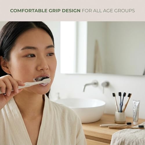 Pursonic Wide Head Toothbrush Set with Cedarwood Wooden Handle & Soft Charcoal Bristles - Travel Friendly Natural Oral Care Brushes with Comfortable Grip Design for All Age Groups - Pack of 6