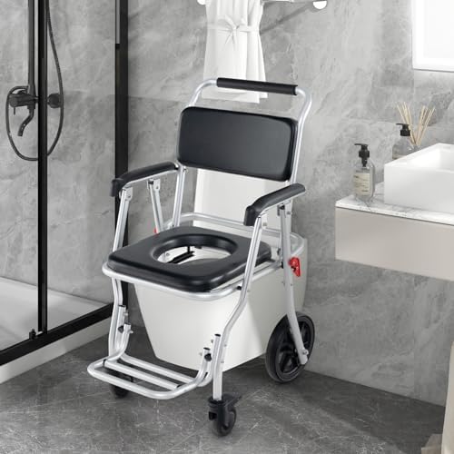 Goplus 4 in 1 Shower Commode Wheelchair, 330lbs Foldable Bedside Commode Chair for Toilet with Arms, Portable Rolling Shower Chair with Wheels for Elderly Disabled Handicap Adults Bariatric