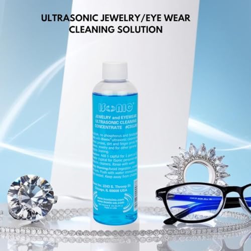 iSonic Ultrasonic Jewelry & Eyeglass Cleaner Solution Concentrate - Professional Cleaning Liquid for Ultrasonic Machine - Clean Gold, Silver, Diamond, Watch, Glasses, Eye Wear, 8-oz