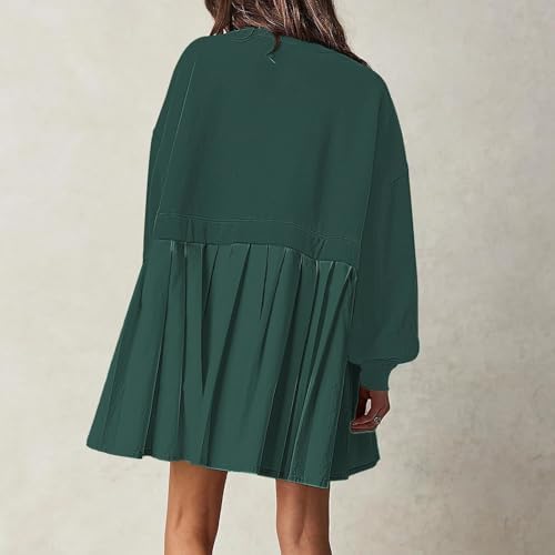 Womens Pleated Sweatshirt Dress Casual Long Sleeve A Line Lightweight Patchwork Crewneck Dresses Fall Trendy
