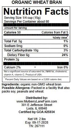 Wheat Bran, 32 Ounces (2 Pounds), USDA Certified Organic, Non-GMO, Bulk, Product of USA, Mulberry Lane Farms