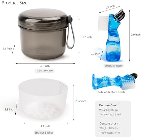 Leak Proof Travel Denture Bath Case for Full Dentures, Denture Cups for Soaking Dentures, Denture Container Cups with Brush for Dentures, Aligner, Retainers, Mouth Guard (Transparent Black)