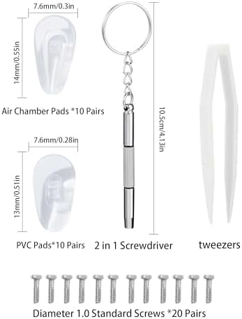 20 Pair of Eyeglasses Nose Pads,10 Pair of Air Chamber Soft Silicone Nose Pads & 10 Pair of Hard PVC Nose Pad,Screws,Screwdrivers,Tweezer and Cleaning Cloth