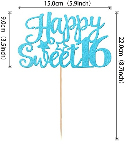 1 Pack Happy Sweet 16 Cake Topper Glitter 16th Birthday Cake Pick for Cheers to 16 Years Old 16th Birthday Party Cake Decorations Supplies Light Blue