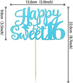 1 Pack Happy Sweet 16 Cake Topper Glitter 16th Birthday Cake Pick for Cheers to 16 Years Old 16th Birthday Party Cake Decorations Supplies Light Blue