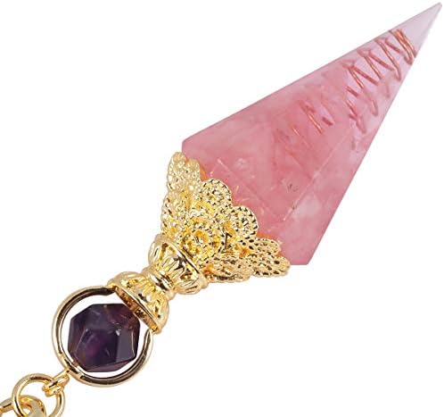 Rockcloud Healing Crystal Point Pendulum for Divination, Chakra Reiki Dowsing Balancing 6 Facet Pendant, Rose Quartz