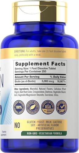 Carlyle Biotin 5000mcg | 250 Fast Dissolve Tablets | Supplement for Men and Women | Vegetarian, Non-GMO, Gluten Free