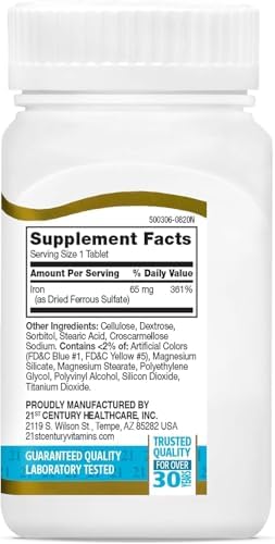 21st Century Slow-Release Iron Supplement, (120 Count), High Potency Vegan Iron Tablets with 325 mg Ferrous Sulfate, Gluten Free Dietary Supplement for Adults, No Added Yeast or Artificial Flavors