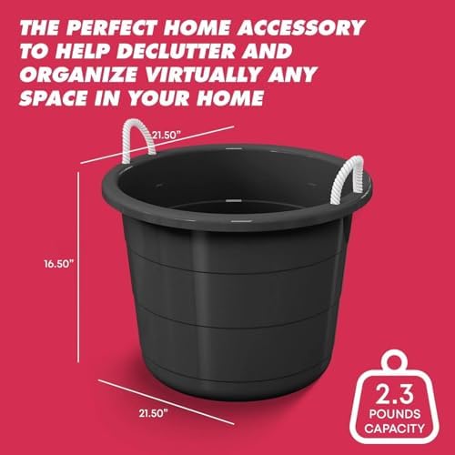 2 Pack 17 Gallon Flexible Plastic Storage Tub, Heavy Duty Collapsible Utility Basket with Reinforced Rope Handles, Multipurpose Container for Laundry, Garage, Garden, Camping, Cooling, Black