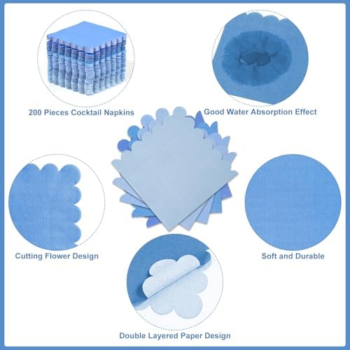 200 Pieces Cocktail Napkin, Sublaga 2-Ply Scalloped Edged Dessert Napkins Folded 5 x 5 Inches Disposable Gradient Color Paper Napkins for Dinner Wedding Birthday Baby Shower Party, Blue