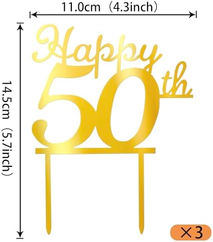 Rsstarxi 3 Pack Happy 50th Birthday Cake Topper Gold Mirrored Acrylic Cake Pick for Cheers to 50 Fabulous Birthday Anniversary Celebrations Party Cake Decorations Supplies