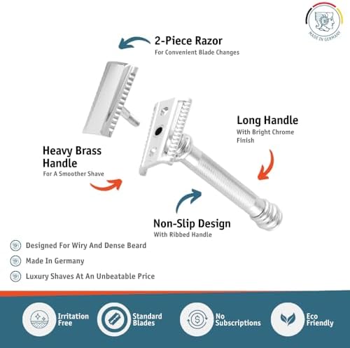 MERKUR 39C Double Edge Safety Razor, Slant Bar Design- Long Handle, Made in Germany, Plastic-Free, Two Piece Design