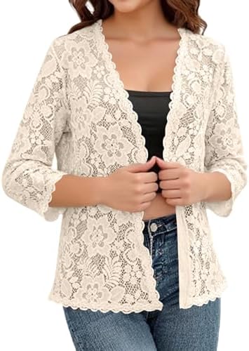 Spring Cardigans for Women 2026 Lightweight 3/4 Sleeve Crochet Lace Cardigan Dressy Casual Open Front Bolero Shrug