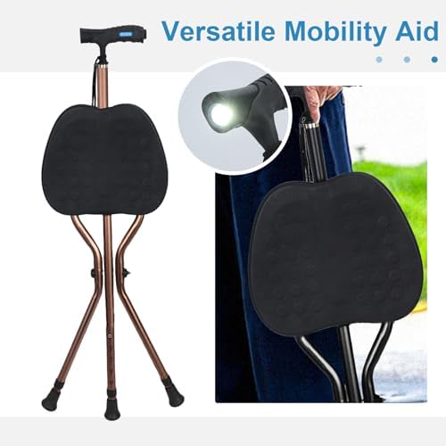 2-in-1 Crutch with Seat, Height Adjustable Walking Cane, Foldable Chair for Seniors, Aluminum Cane Stool with LED Light, Anti Slip Folding Walking Stick for Elderly Mobility Aid
