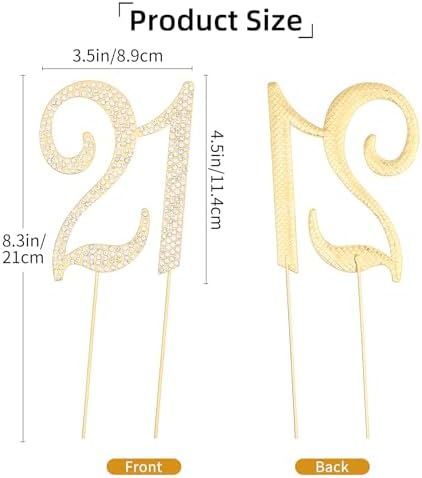Number 21 Birthday Cake Topper, Alloy Crystal Rhinestones Cake Topper Cake Decoration for 21th Birthday or Anniversary Party (Gold)
