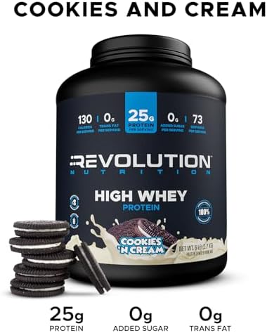 Revolution Nutrition, High Whey, Protein Powder 6LB, Whey Isolate, Gluten Free, Lean Muscle Mass for Men & Women, 25g of Protein Per Scoop, 2.7kg, 73 Servings (Cookies & Cream, 6 Pound)