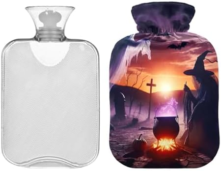 Halloween Witch Bat Hot Water Bottles Hot or Cold Water Bottle with Soft Cover Hot Water Bag for Hot and Cold Compress, 2 Liters
