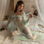 Women Sexy Long Lace Dress Sheer Gown See Through Babydoll Lingerie Bridal Robe