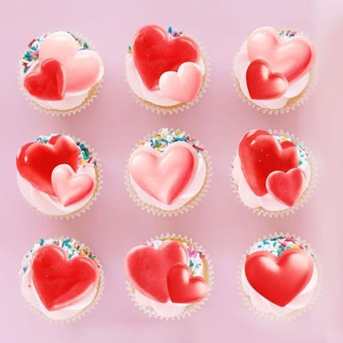 66 PCS Edible Heart Cupcake Toppers Wafer Paper Valentine's Day Cupcake Sweet Love Heart Cake Decorations Picks for Birthday Party Wedding Engagement Party Decorations Supplies