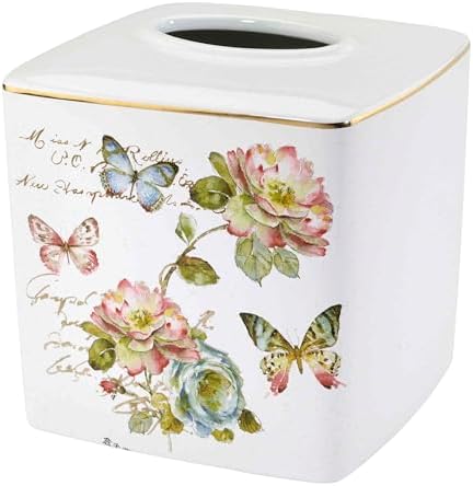 Avanti Linens - Tissue Box Cover, Ceramic Bathroom Accessories, Artistic Home Decor (Butterfly Garden Collection)