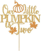 Our Little Pumpkin is Two Cake Topper, Pumpkin 2nd Birthday Cake Decorations, Fall Halloween Themed Second Birthday Party Decorations, Gold Glitter
