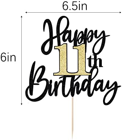Black Gold Glitter Happy 11th Birthday Cake Topper,Happy 11 Birthday Cake Decoration for 11 & Fabulous Birthday,Hello 11 Party Anniversary Party Cake Decorations Supplies