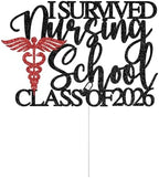 I Survived Nursing School Cake Topper - Class of 2026 Nurse Graduation Decorations - Congrats Nurse RN, Nursing School Graduation Party Decorations, Black and Red Glitter