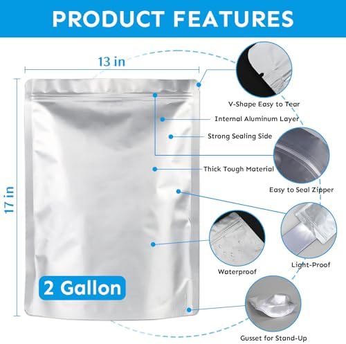 Mylar Bags 2Gallon 30PCS 17"X13" for Food Storage with Oxygen Absorbers&Labels,10Mil Thick Resealable Zipper&Heat Seal Stand Up Pouches for Packaging Long Term,Dried Food,BPA Free