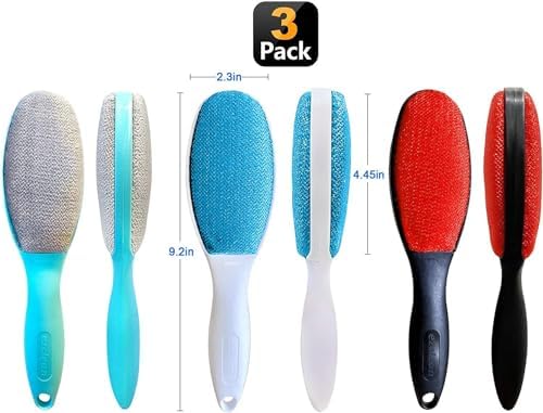3 Pack, 3 Colors, Lint Brush for Clothes, Furniture, Double Sided Pet Hair Remover Brush, Reusable Cleaner for Dog Cat Hair, Couch, Magic Velvet Lint Brush, Red and White and Blue