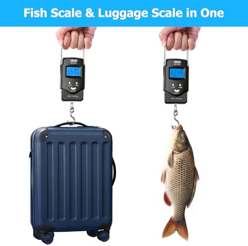 Dr.meter Fish Scale Luggage Scale Fishing Gear - 110lb Backlit LCD Display Digital Scale with Built-in Measuring Tape - Fishing Scale with 2 AAA Batteries, Pocket Size - Fishing Gifts for Men