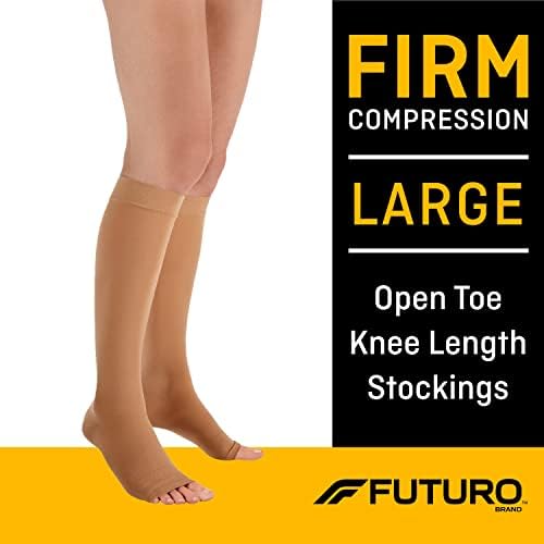 FUTURO Open Toe Knee Length Stockings for Men & Women, Large, Beige, Firm (20-30 mm/Hg)