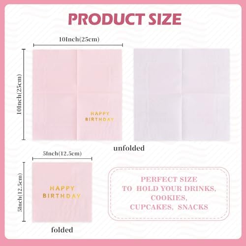 Vuzvuv 52 Pack Gold Foil Happy Birthday Cocktail Napkins - Birthday Party Dinner Hand Napkin for Party Supplies Decorations Table Decor for women man(5" Folded 3 Ply-Pink)