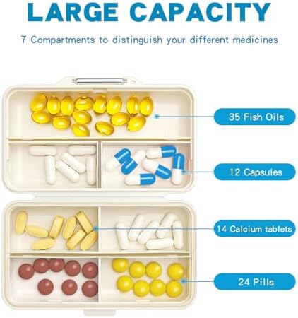Yivaiks Bling Travel Pill Organizer Crystal Rhinestone 7 Compartments Portable Pill Case Daily Pill Box to Hold Vitamins Small Pill Container for Pocket Purse Medicine Organizer(White)