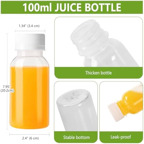 zmybcpack 24 Pack 100ml PP Heat-Resistant Plastic Juice Bottles With Caps-Plastic Shot Bottles-Reusable Bulk Beverage Containers with Lids For Juice (Dishwasher Safe)