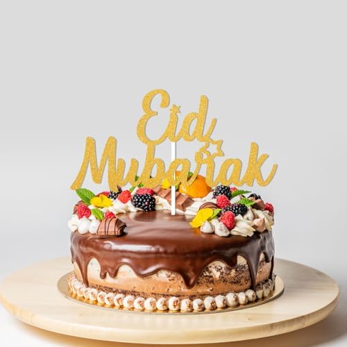 Eid Mubarak Cake Topper - Ramadan Mubarak Decorations - Ramadan Kareem Cake Topper, Islamic Photo Props for Wedding/Baby Shower/Birthday Party Decorations Gold Glitter