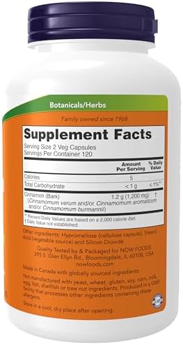NOW Foods Supplements, Cinnamon Bark 600 mg, Non-GMO Project Verified, Healthy Glucose Metabolism*, 240 Veg Capsules