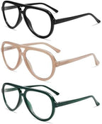 AMOMOMA 3 Pack Retro Oversized Aviator Reading Glasses for Women Men,Classic Large Reader Blue Light Computer Frame AM6111
