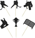 24Pcs Hockey Cupcake Toppers Black Glitter Hockey Players Cupcake Picks Ice Hockey Sports Theme Cake Decorations for Baby Shower Boys Girls Birthday Party Cake Decorations Supplies