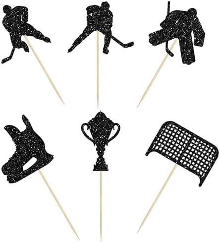 24Pcs Hockey Cupcake Toppers Black Glitter Hockey Players Cupcake Picks Ice Hockey Sports Theme Cake Decorations for Baby Shower Boys Girls Birthday Party Cake Decorations Supplies