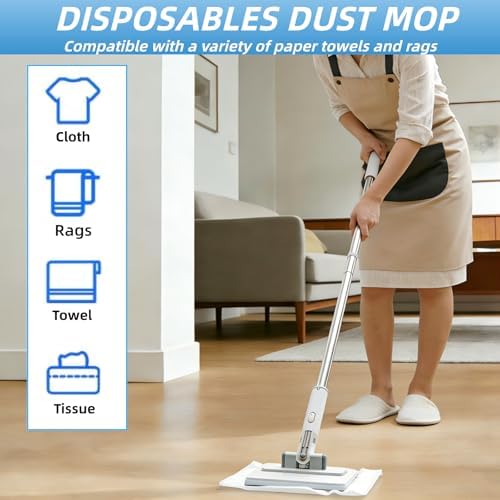2 in 1 Disposable Dust Mop with 3 Shiny Towels Wipes Cleaning Cloths, 360° Rotating Snap Grip Mini Mop with Automatic Cloth Changing, Wall Cleaning Tool for Window Glass Wall Floor (White)