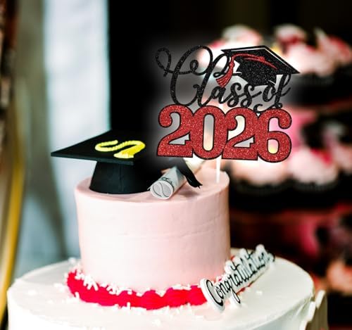 Class of 2026 Cake Toppers, Congrats Grad, So Proud of You, High School College Bacherlor Master Doctor Senior Graduate Gradaution Party Decoration Supplies, Black and Red Glitter