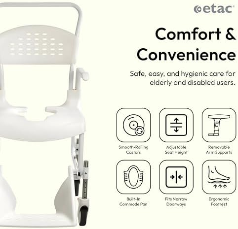 Etac Clean Rolling Shower Chair for Elderly and Disabled – Commode Chair Adjustable Height, Ergonomic, Removable Armrests, Footrest & Pan Holder – Slim Design Fits Through Doorways & Easy-to-Clean