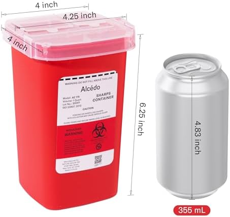 Alcedo Sharps Container for Home Use 1 Quart (1-Pack) | Biohazard Needle and Syringe Disposal | Small Portable Container for Travel and Professional Use
