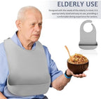Silicone Adult Bib for Elderly - Waterproof, Washable, Adjustable Bib with Crumb Catchers - Reusable Mealtime Protector for Seniors, Men & Women - 16.53 X 11.02 Inches, Grey
