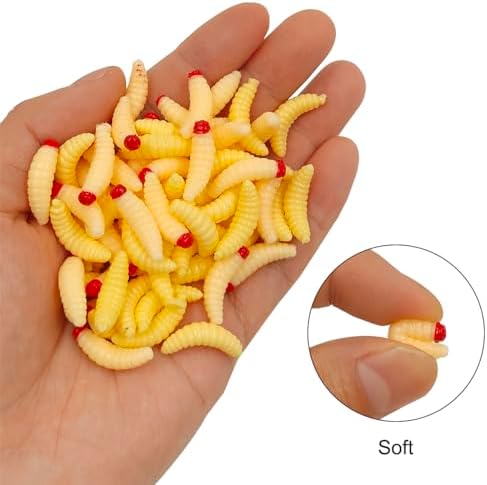 100pcs-1Inch Bass Fishing Worms Lures, Silicone Soft Maggot Baits Bread Worm Fishing Lures, Bread Worm Wax Worms for Trout Panfish