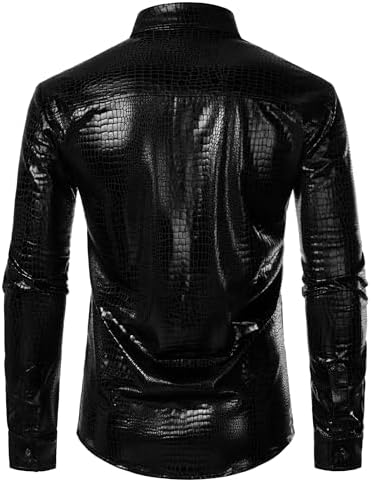 ZEROYAA Men's 70s Disco Button Down Shirt Shiny Metallic Long Sleeve Costume for Party Prom